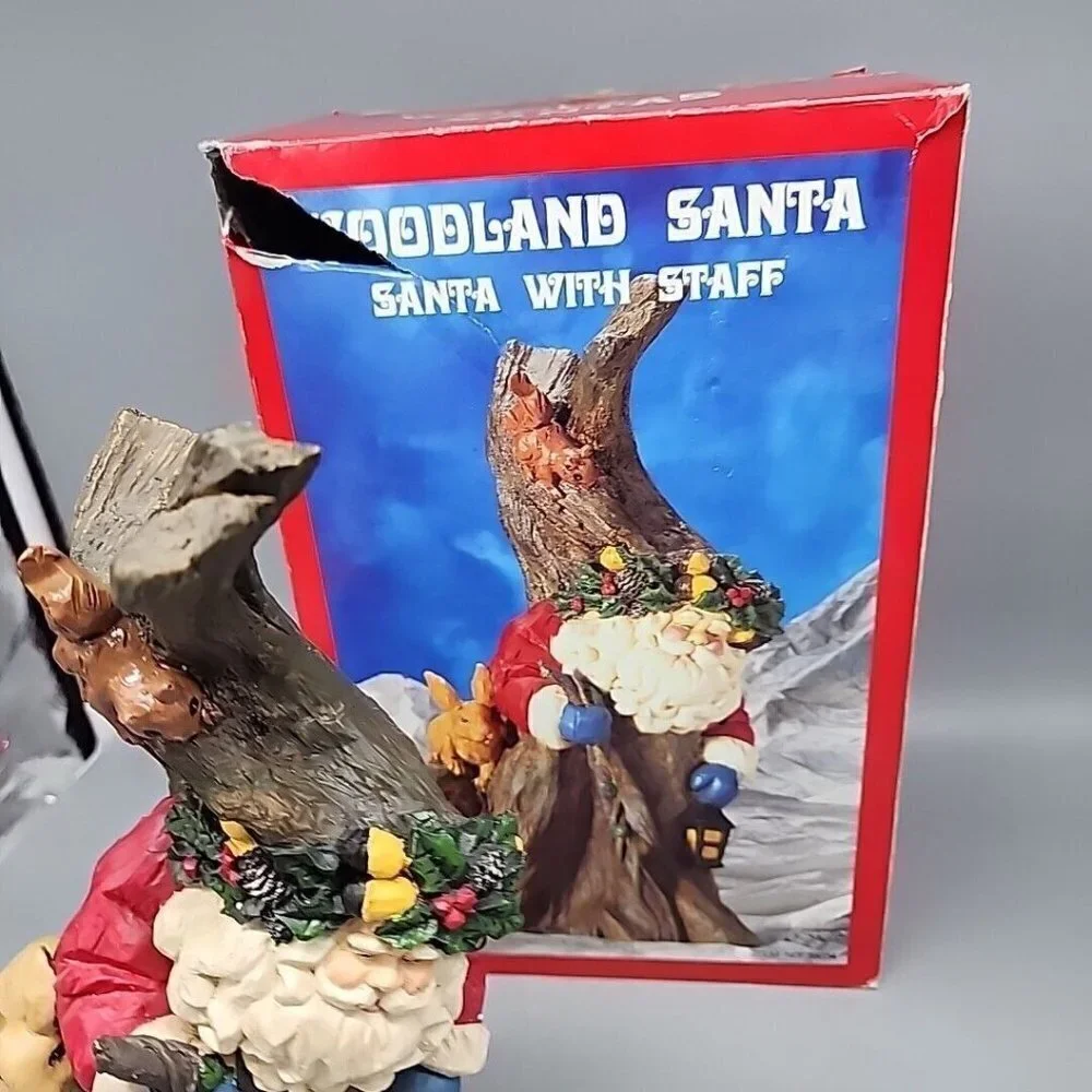 WOODLAND SANTA CLAUS Figurine with staff & woodland animals With Box 11